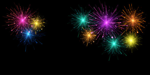 Poster - Festive Fireworks. Colorful explosion of multicolored bright fireworks lights on transparent background for design and illustrations. Vector