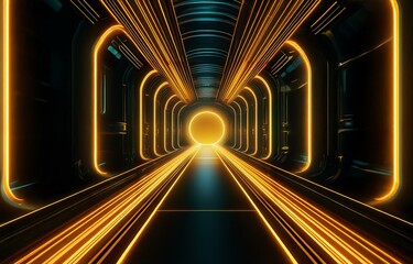 A dark tunnel with glowing orange lines and a bright orange circle at the end.