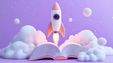 Wall Mural - Dreamy 3D illustration of a rocket ascending from a book set against a tranquil lavender background symbolizing imagination and exploration in education for World Book Day