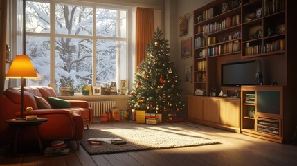 Cozy Living Room with Christmas Tree and Snow View