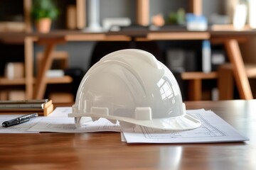 safety helmet placed on an engineer s desk, surrounded by plans and tools, representing foresight an