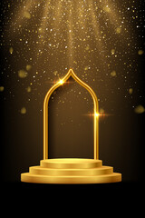 Wall Mural - gold 3d podium with frame on black background. abstract empty golden award platform with glowing arc