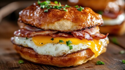 A mouthwatering sandwich loaded with crispy bacon, a fried egg, and melted cheese, garnished with fresh herbs, served on a buttery pretzel bun for breakfast indulgence.