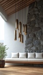 Sticker - Modern Minimalist Living Room With Wooden Ceiling, Stone Wall, And Stylish Hanging Lamps.