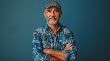 A smiling older man with a beard wears a flannel shirt and cap against a blue background