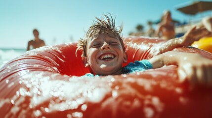 A happy child enjoys the summer sun while playing in a bright red inflatable tube at the seaside, epitomizing carefree childhood fun and laughter.