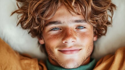 A teenage boy with striking freckles and tousled hair smiles warmly at the camera, exuding a carefree and joyful vibe within a cozy indoor setting.