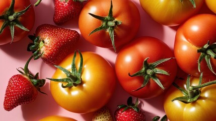 An artfully arranged set of bright tomatoes and ripe strawberries lies on a smooth pink surface, highlighting their fresh and inviting appearance with vivid contrasts.