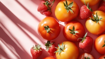 Wall Mural - A vibrant image of fresh tomatoes and strawberries on a bright surface, showcasing their natural colors and textures in contrast to soft shadows and light.