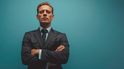 confident man in a tailored suit poses against a vibrant blue wall outdoors