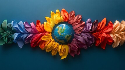 Wall Mural - globe at the center with a radiant circle of awareness ribbons in various colors set on a serene blu