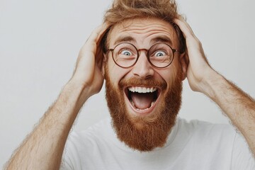 Excited emotional bearded man touching head and opening mouth with unexpected good news, Generative AI