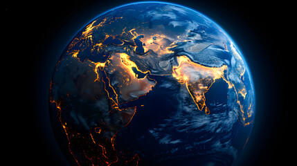 Satellite view of Earth globe from space, city lights by night, East Asia China map