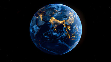  Satellite view of Earth globe from space, city lights by night, East Asia China map