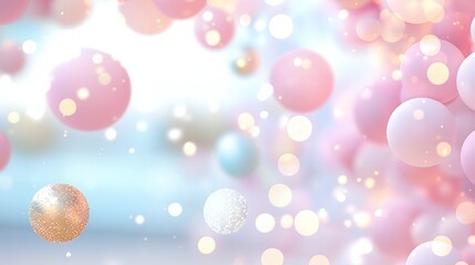 Wall Mural - soft pink and white bokeh lights and floating spheres on a light gradient background. abstract dream
