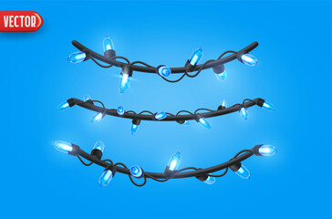 Wall Mural - festive christmas blue string lights brightly glowing. realistic 3d new year decorations garland iso