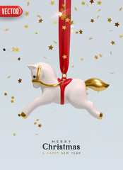 Wall Mural - christmas cute white rocking horse hanging on pink ribbon, golden falling stars confetti and soft pi