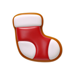 Wall Mural - Christmas realistic 3d gingerbread cookies shape of red gift sock. Xmas food sweets baking isolated on white background. vector illustration