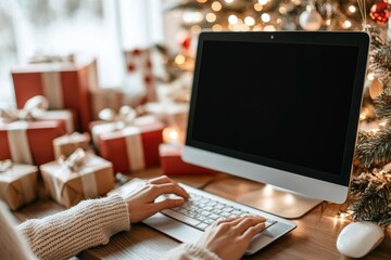 Detail of female hand working on computer with blank black screen on table with gifts, blurred christmas background, Generative AI