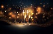© joeycheung - Two champagne flutes filled with bubbly stand on a dark surface with gold glitter and bokeh lights in the background.