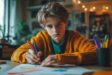 Portrait of a little boy in a wireless headset using a laptop, doing online at home playing games, Generative AI