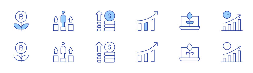 Growth icon set in two styles, Duotone and Thin Line style. Editable stroke. growth graph, organic, time to market, growth, revenue