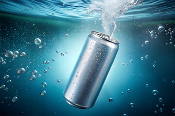 Wall Mural - Aluminum can in clear blue water with rising bubbles energy drink vibe