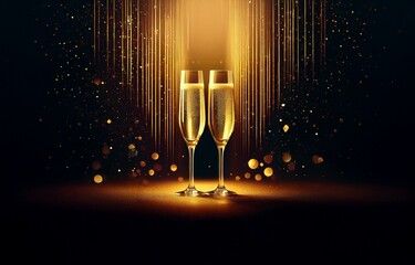 Two champagne flutes filled with bubbly stand on a golden surface with sparkling bokeh in the background.