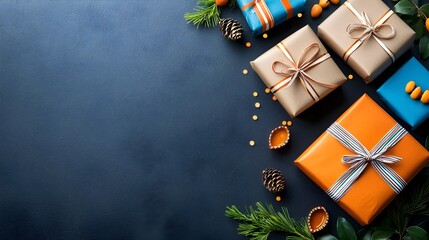 Beautifully wrapped Diwali gifts adorned with vibrant colorful paper and festive ribbons displayed on a wooden table  This image captures the traditional and celebratory essence of the Diwali holiday