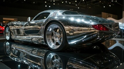 Shiny chrome sports car: A high-end vehicle with polished wheels and sleek design showcased at a car exhibition