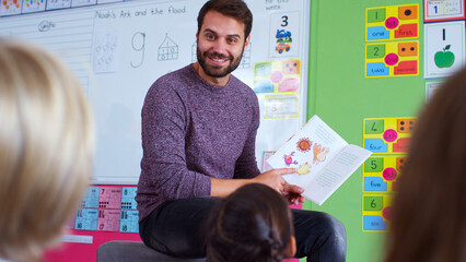 Wall Mural - Male Teacher Reading Story To Group Of Elementary Pupils In School Classroom