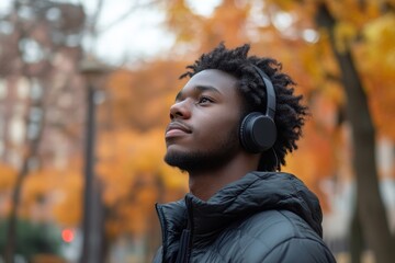 African american man wearing wireless headphones standing in park and looking away, Generative AI