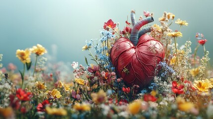 Wall Mural - human heart organ intertwined with colorful blooming flowers representing the concept of health vita