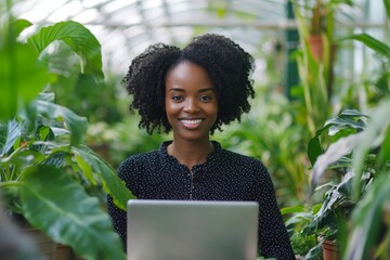 African american female gardener working on laptop in green house, standing by workplace surrounded by exotic plants and smiling at camera. Freelance, Generative AI