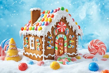 A festive gingerbread house adorned with colorful candies and snowy frosting against a winter blue sky, capturing holiday joy and creativity.