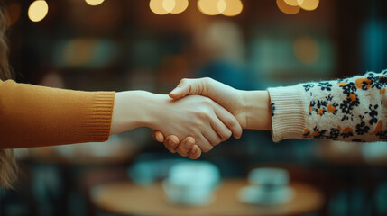  two people shaking hands during a meeting at a coffee shop, symbolizing friendship, collaboration, and mutual trust. This moment reflects their teamwork and the spirit of agreement, support,