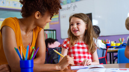 Wall Mural - Female Elementary School Teacher Giving Female Pupil One To One Support In Classroom 