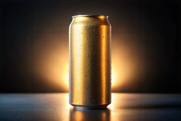 Canvas Print - golden can with water droplets in soft light luxurious energy drink look