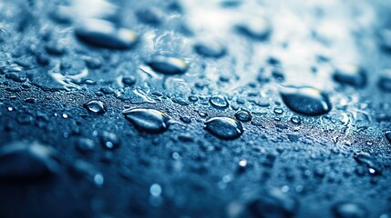 Macro shot of water droplets on a blue surface