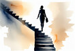 © Sergey - Watercolor drawing, silhouette of a woman climbing up the stairs symbol of the path to success, the realization of plans