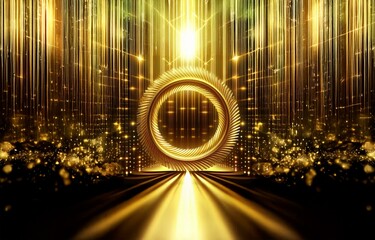 A golden ring with a dark background, surrounded by sparkling lights and a golden path leading to it.