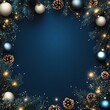 © ekirianova - Square Christmas or New Year frame top view, decorative stars, balls and tree branches over blue navy background. Copyspace, place for text