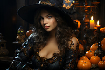 Canvas Print - generative ai picture of beautiful girl dressed in witch costume celebrate happy halloween day