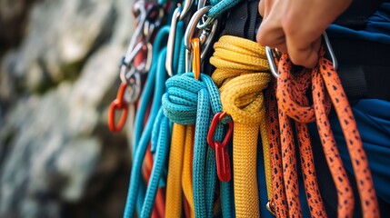 Wall Mural - Close up of colorful climbing ropes and carabiners on a person's climbing harness.