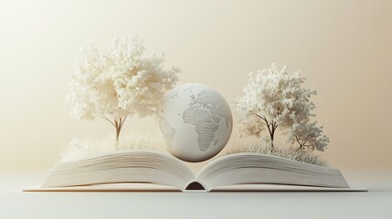 Wall Mural - minimalist 3d illustration for world book day showcasing a simple open book with a small globe and d
