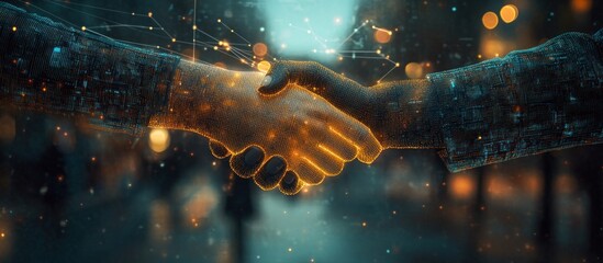 Poster - two hands shaking in a digital network, glowing with bright lights.
