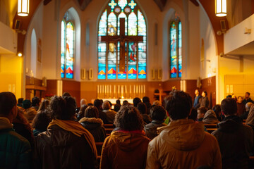 Generative AI photo church service Sunday, congregation sing hymns celebrating resurrection Jesus