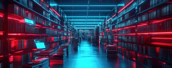 Futuristic Neon Library with Endless Rows of Illuminated Books and Aisles