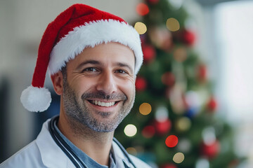 Male doctor smiling near Christmas tree in hospital office generative AI