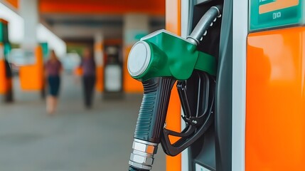 A close-up of a green fuel nozzle at a gas station, with blurred customers in the background, highlighting the importance of fuel in daily transportation.